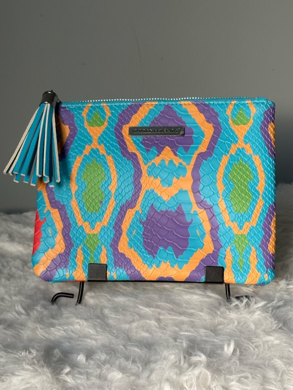 Rodan + Fields Colorblock Snake-Texture Pouch in Turquoise, Purple & Orange